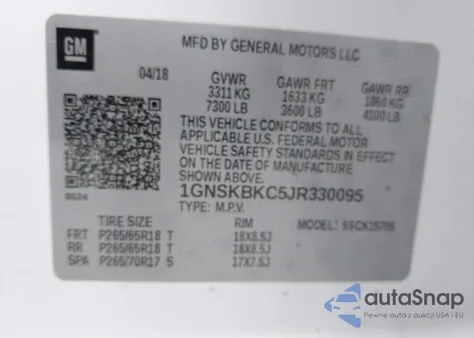 2018 Chevrolet Tahoe Lt z USA, uszkodzony, nr VIN 1GNSKBKC5JR330095